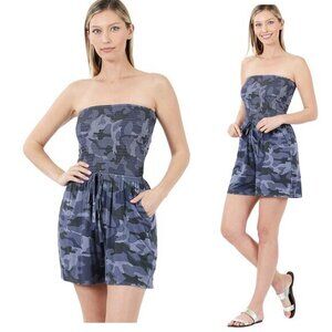 Zenana Women's‎ Blue Camo Strapless Romper With Pockets - Size Medium